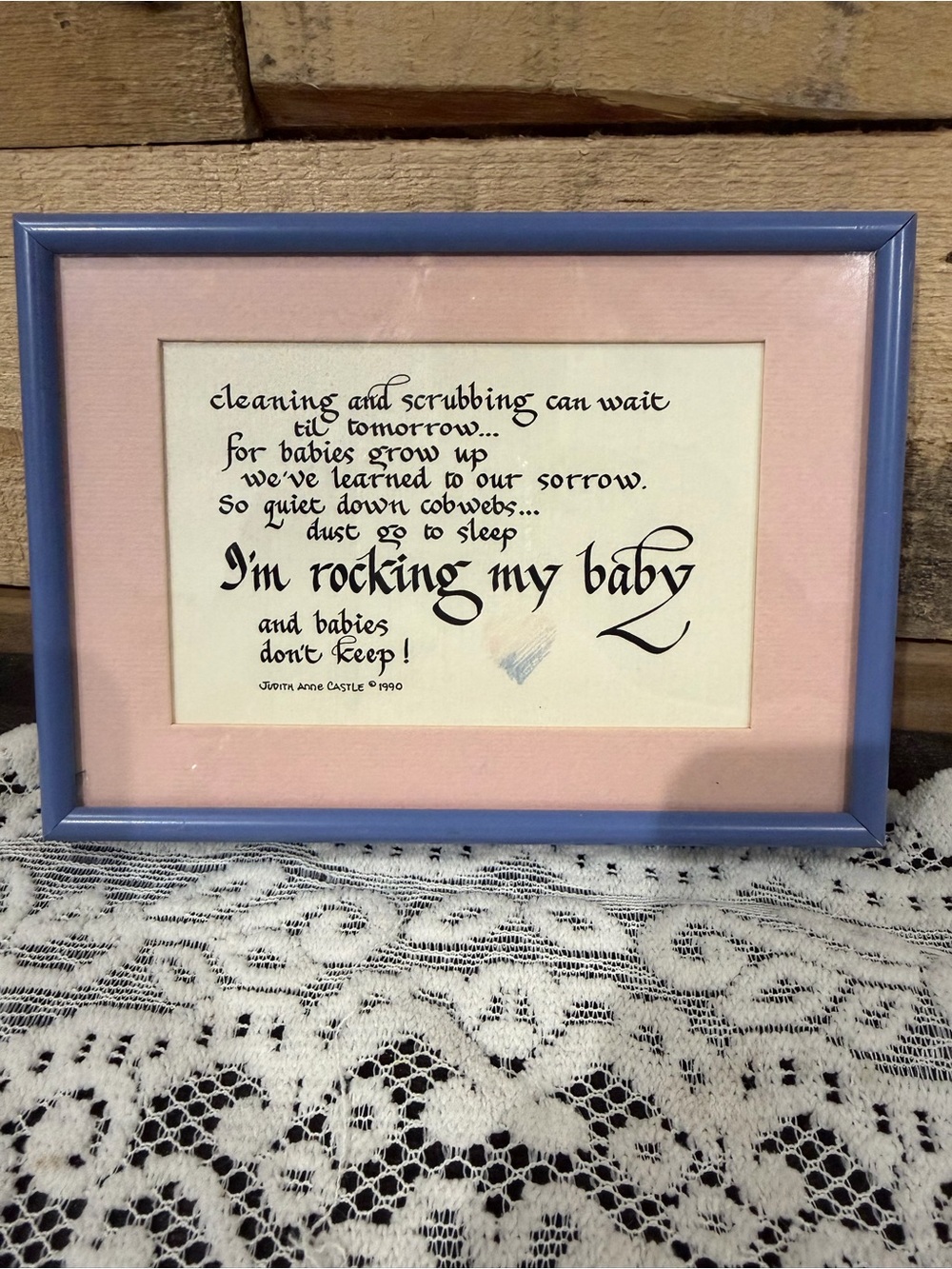 Framed "I'm Rocking My Baby" Calligraphy Print in Blue Frame